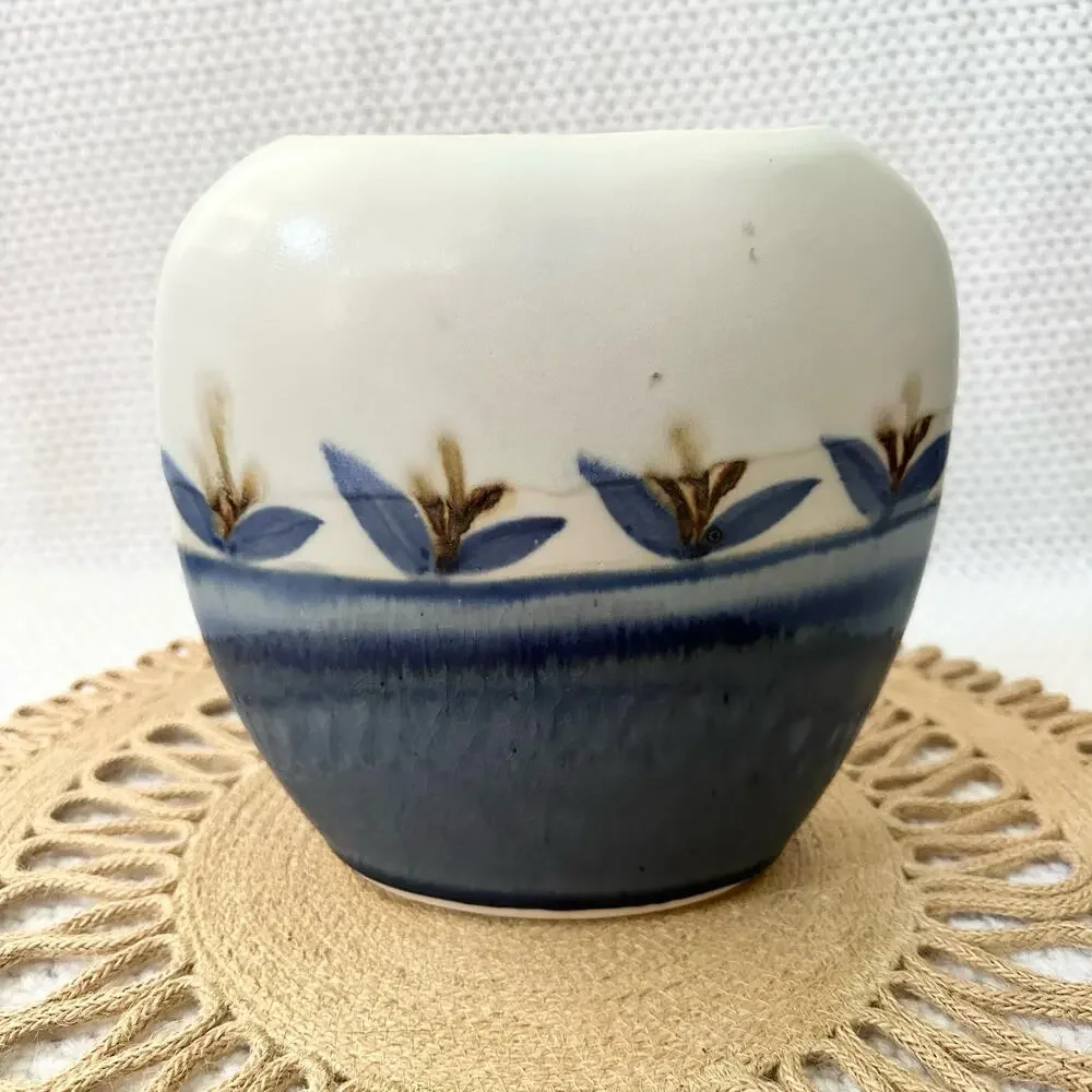 Signed Burslem 2006 Blue Cream Ceramic Glazed Slim Oval Floral Pottery Vase